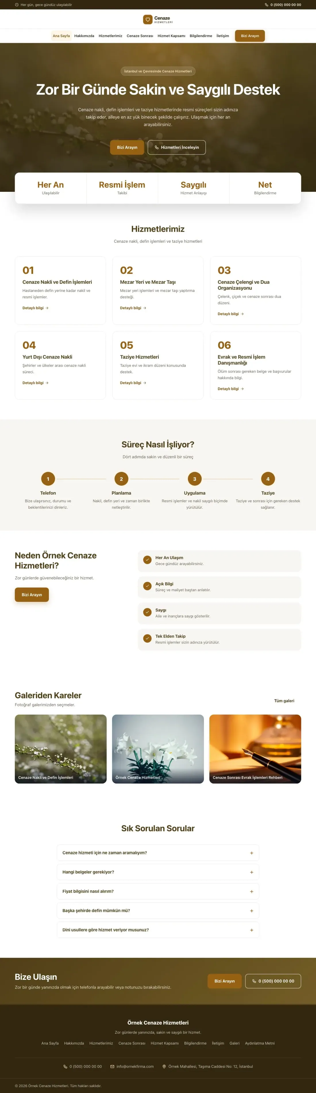 Cenaze Hizmetleri için Merkez Kahve Turuncu – Cenaze Hizmetleri Web Sitesi ana sayfa görünümü