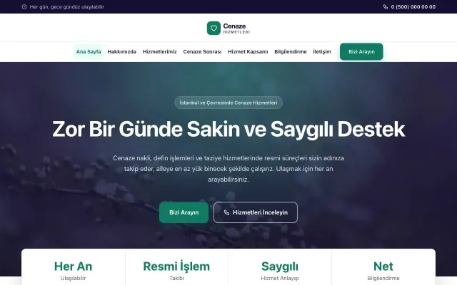 Cenaze Hizmetleri için Merkez Lacivert Turkuaz – Cenaze Hizmetleri Web Sitesi ana sayfa görünümü