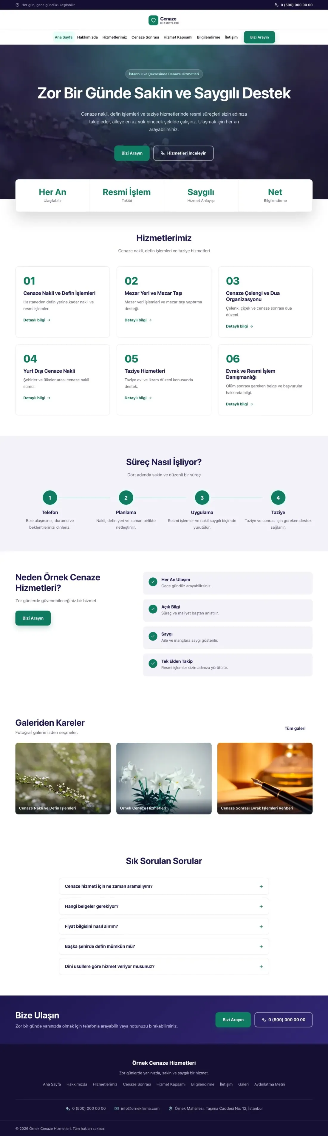 Cenaze Hizmetleri için Merkez Lacivert Turkuaz – Cenaze Hizmetleri Web Sitesi ana sayfa görünümü