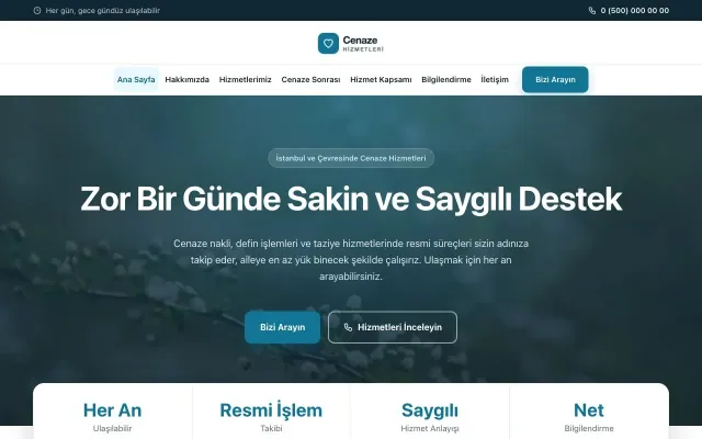 Cenaze Hizmetleri için Merkez Mavi Turkuaz – Cenaze Hizmetleri Web Sitesi ana sayfa görünümü