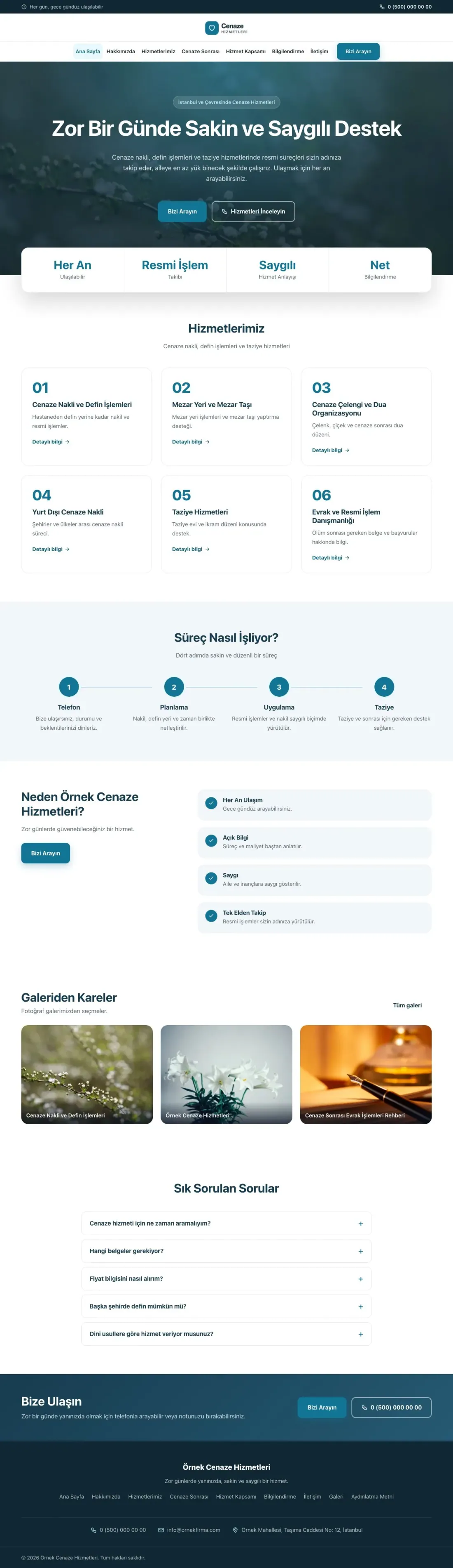 Cenaze Hizmetleri için Merkez Mavi Turkuaz – Cenaze Hizmetleri Web Sitesi ana sayfa görünümü