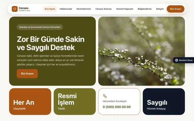 Cenaze Hizmetleri için Mozaik Zeytin Turuncu – Cenaze Hizmetleri Web Sitesi ana sayfa görünümü