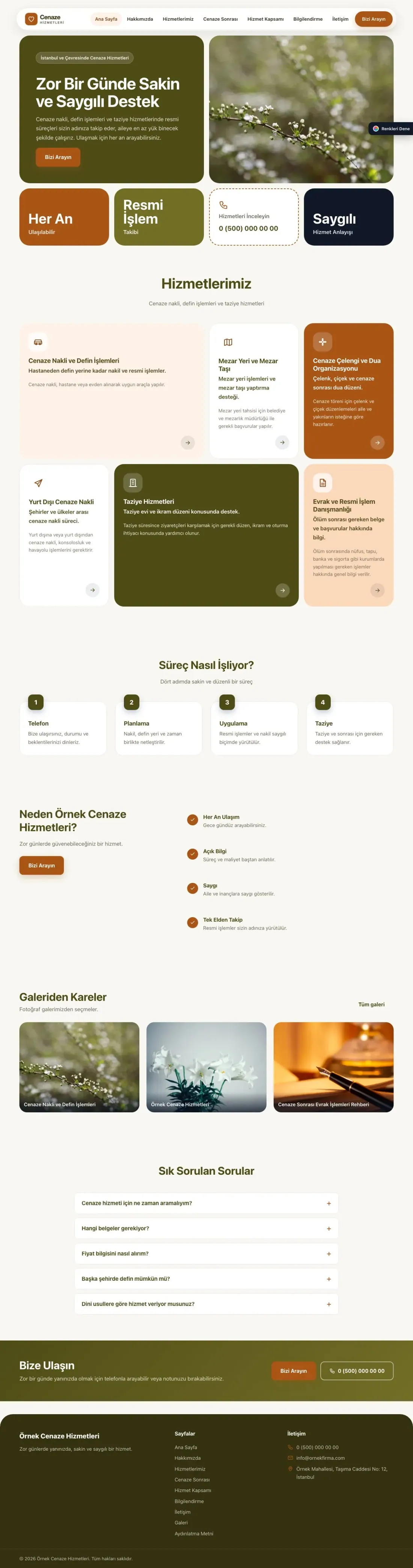 Cenaze Hizmetleri için Mozaik Zeytin Turuncu – Cenaze Hizmetleri Web Sitesi ana sayfa görünümü