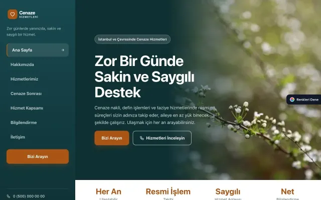 Cenaze Hizmetleri için Sol Menü Petrol Turuncu – Cenaze Hizmetleri Web Sitesi ana sayfa görünümü