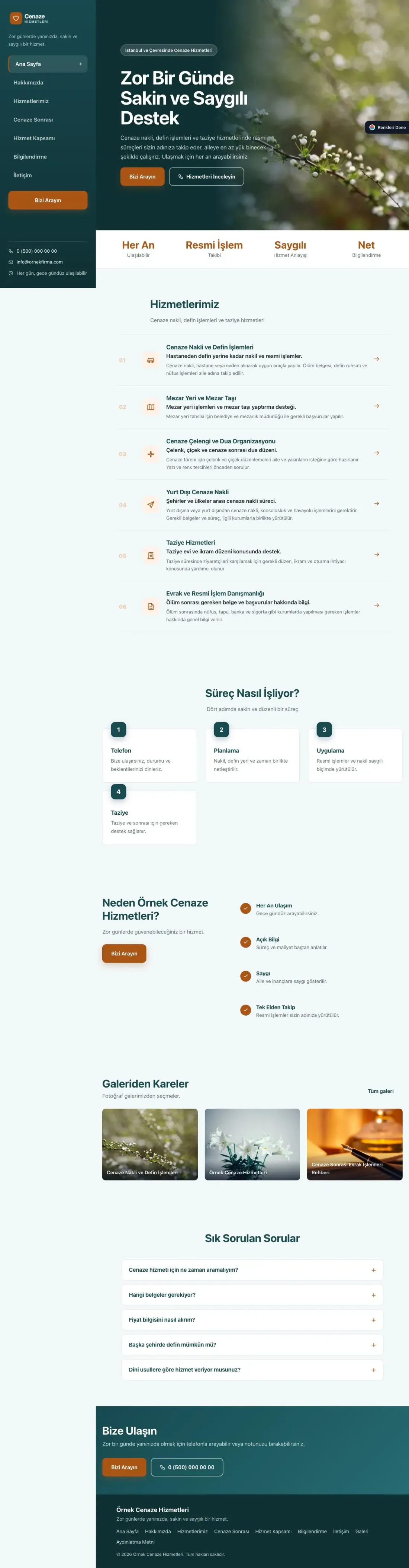 Cenaze Hizmetleri için Sol Menü Petrol Turuncu – Cenaze Hizmetleri Web Sitesi ana sayfa görünümü