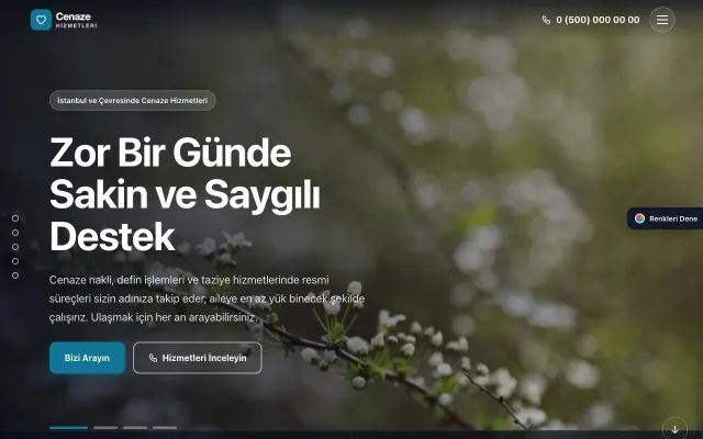Cenaze Hizmetleri için Tam Ekran Kahve Turkuaz – Cenaze Hizmetleri Web Sitesi ana sayfa görünümü