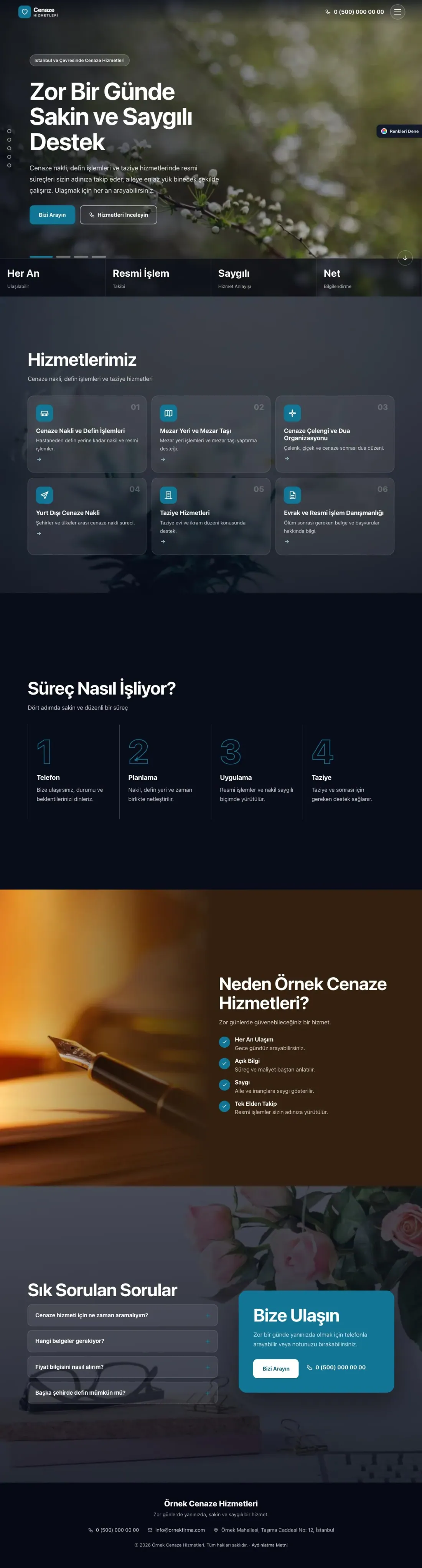 Cenaze Hizmetleri için Tam Ekran Kahve Turkuaz – Cenaze Hizmetleri Web Sitesi ana sayfa görünümü