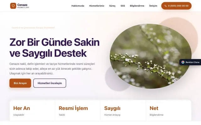 Cenaze Hizmetleri için Tek Sayfa Mor Turuncu – Cenaze Hizmetleri Web Sitesi ana sayfa görünümü