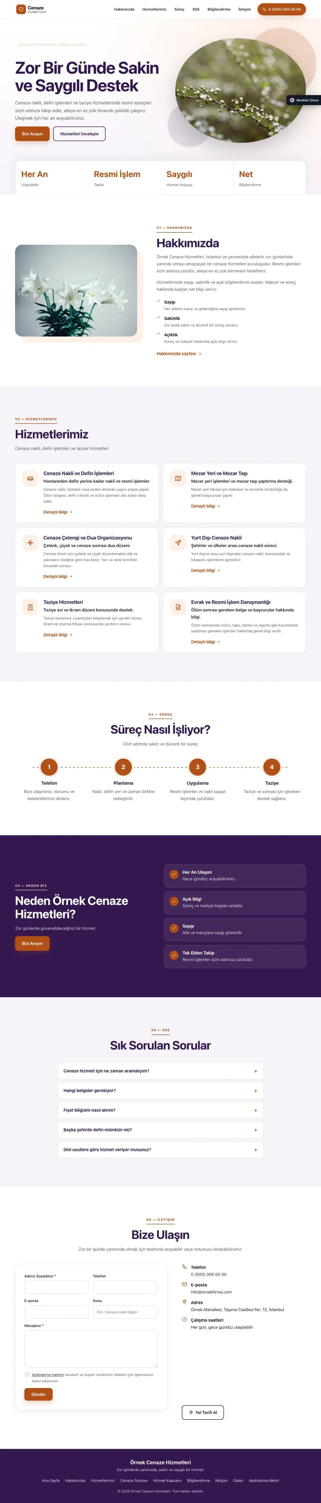 Cenaze Hizmetleri için Tek Sayfa Mor Turuncu – Cenaze Hizmetleri Web Sitesi ana sayfa görünümü