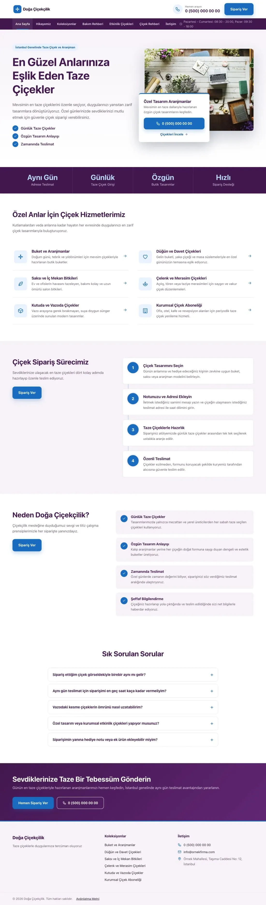 Bölünmüş Mor Mavi – Çiçekçi Web Sitesi ana sayfa görünümü