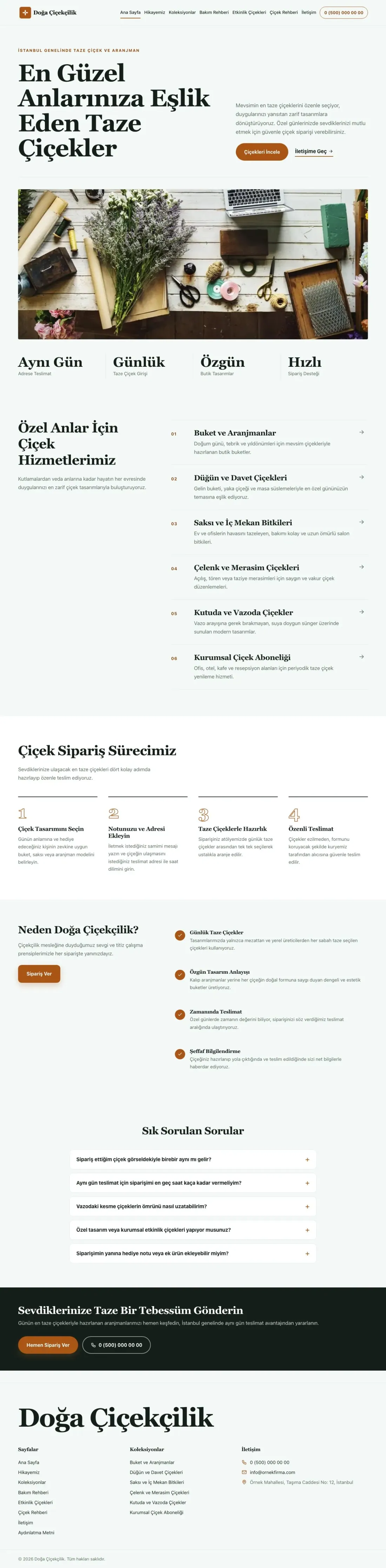 Editoryal Yeşil Turuncu – Çiçekçi Web Sitesi ana sayfa görünümü