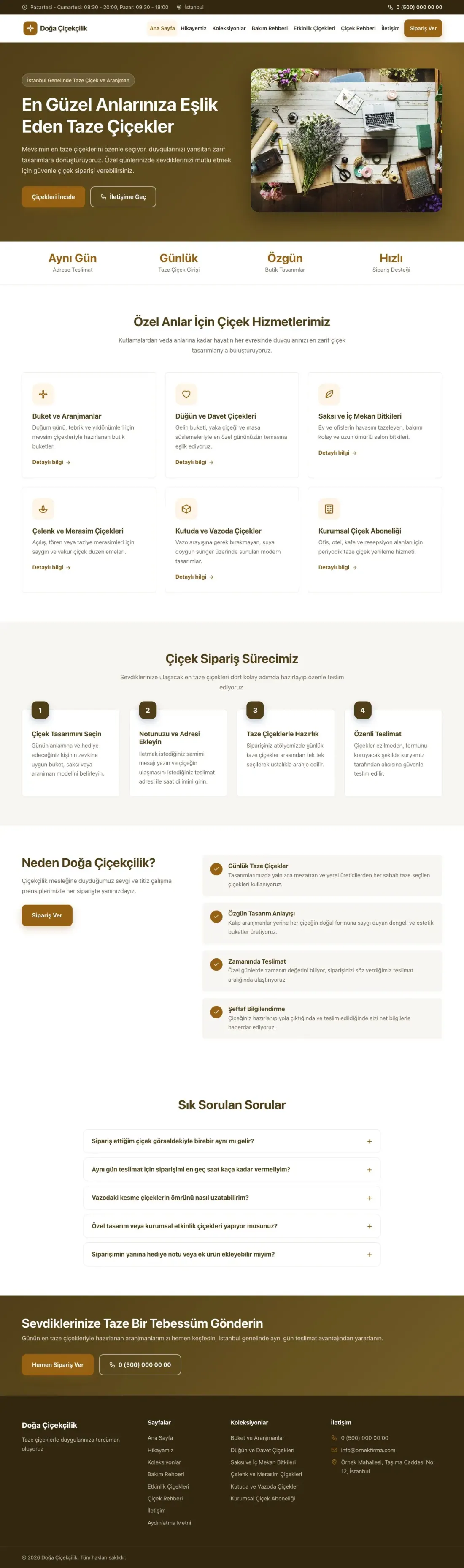 Klasik Kahve Turuncu – Çiçekçi Web Sitesi ana sayfa görünümü