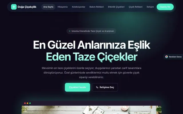 Çiçekçi için Koyu Modern Mor Turkuaz – Çiçekçi Web Sitesi ana sayfa görünümü