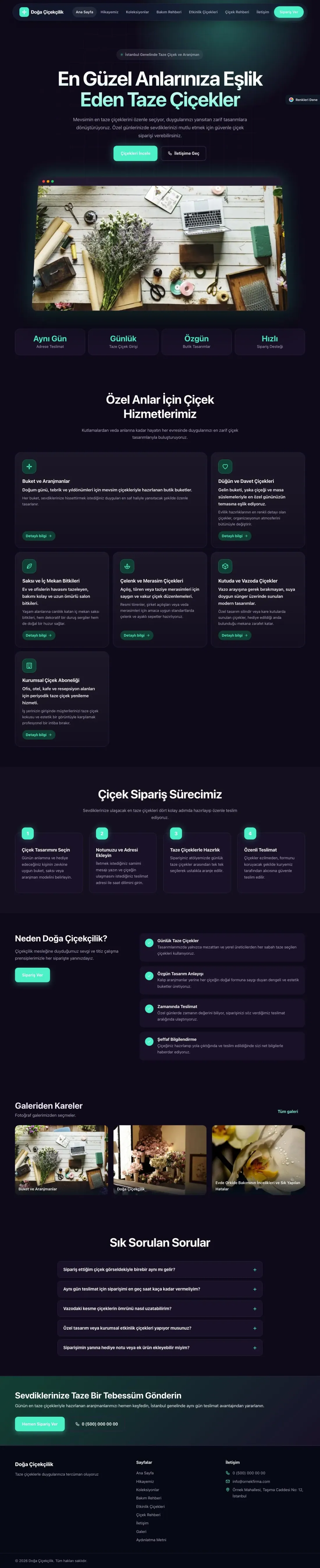 Çiçekçi için Koyu Modern Mor Turkuaz – Çiçekçi Web Sitesi ana sayfa görünümü