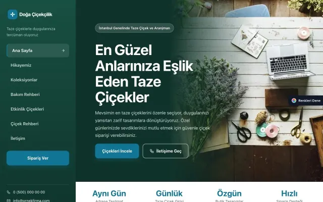 Çiçekçi için Sol Menü Petrol Turkuaz – Çiçekçi Web Sitesi ana sayfa görünümü