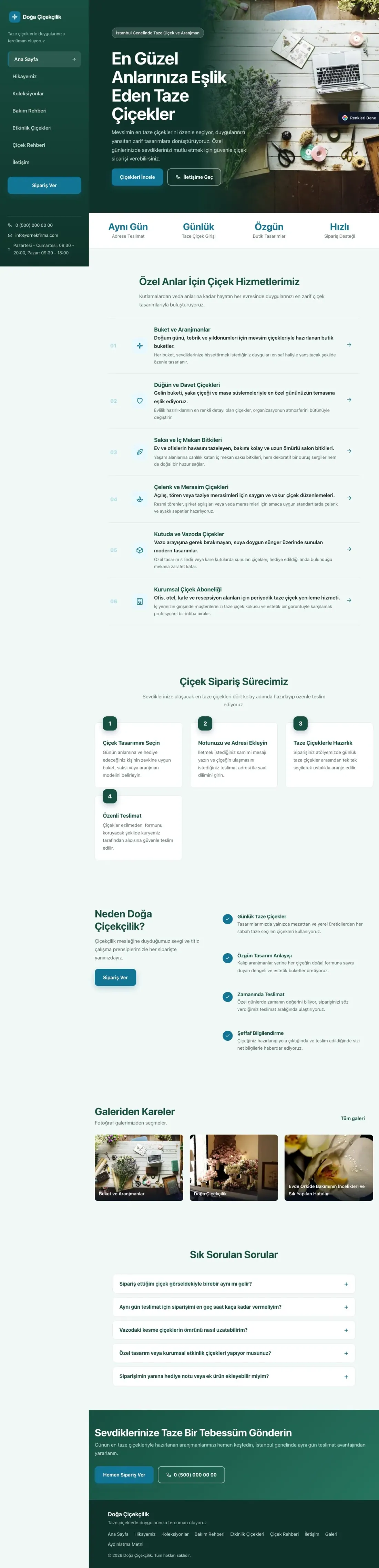 Çiçekçi için Sol Menü Petrol Turkuaz – Çiçekçi Web Sitesi ana sayfa görünümü