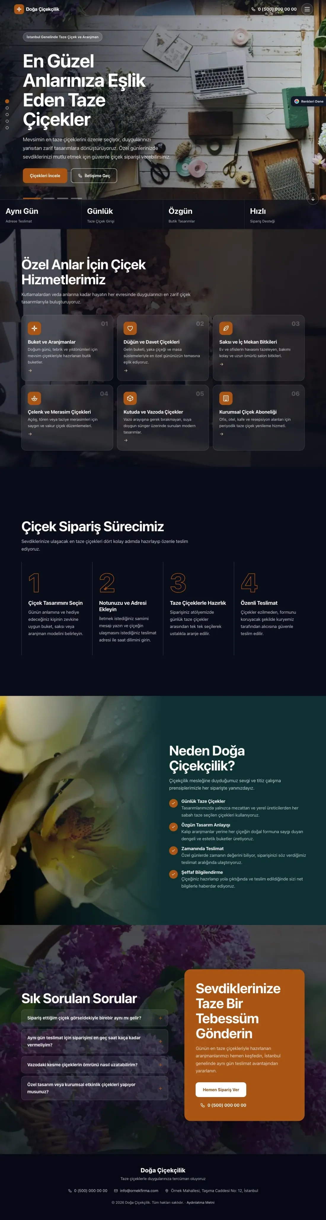 Çiçekçi için Tam Ekran Petrol Turuncu – Çiçekçi Web Sitesi ana sayfa görünümü