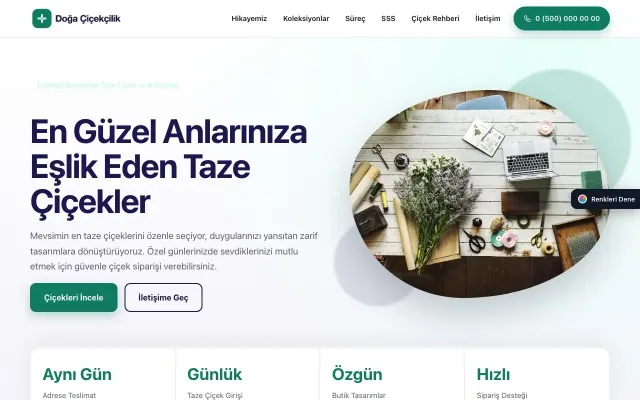 Çiçekçi için Tek Sayfa Lacivert Turkuaz – Çiçekçi Web Sitesi ana sayfa görünümü