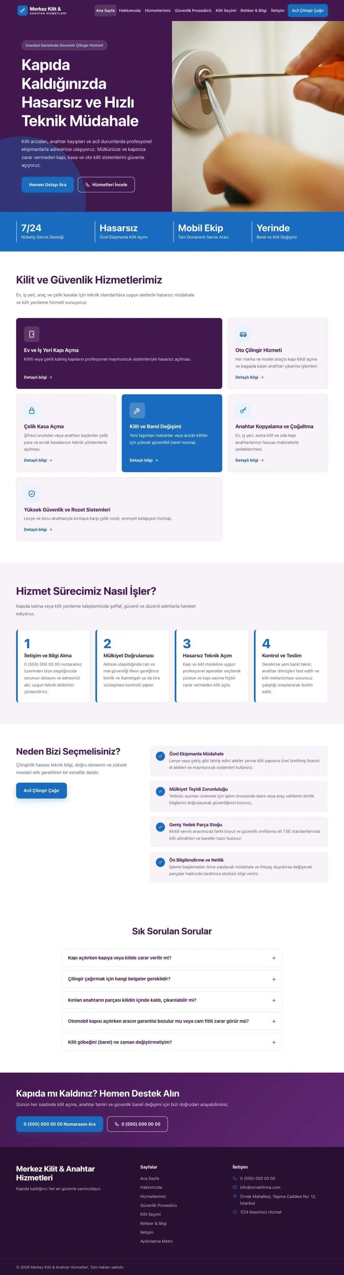 Blok Mor Mavi – Çilingir Web Sitesi ana sayfa görünümü