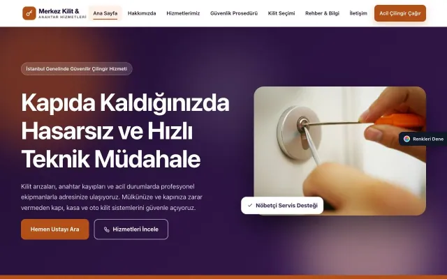 Çilingir için Hareketli Mor Turuncu – Çilingir Web Sitesi ana sayfa görünümü
