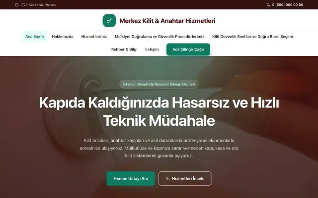 Çilingir için Merkez Bordo Turkuaz – Çilingir Web Sitesi ana sayfa görünümü