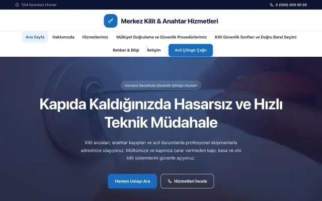 Çilingir için Merkez Lacivert Mavi – Çilingir Web Sitesi ana sayfa görünümü