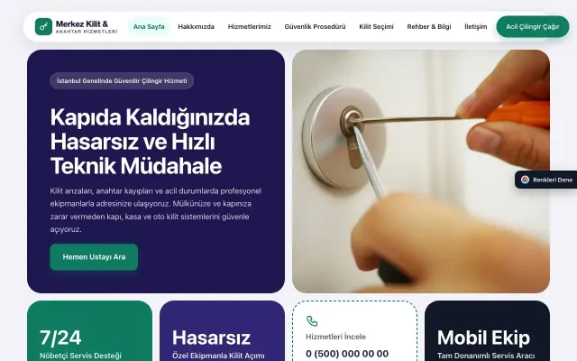 Çilingir için Mozaik Lacivert Turkuaz – Çilingir Web Sitesi ana sayfa görünümü