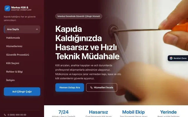 Çilingir için Sol Menü Bordo Mavi – Çilingir Web Sitesi ana sayfa görünümü