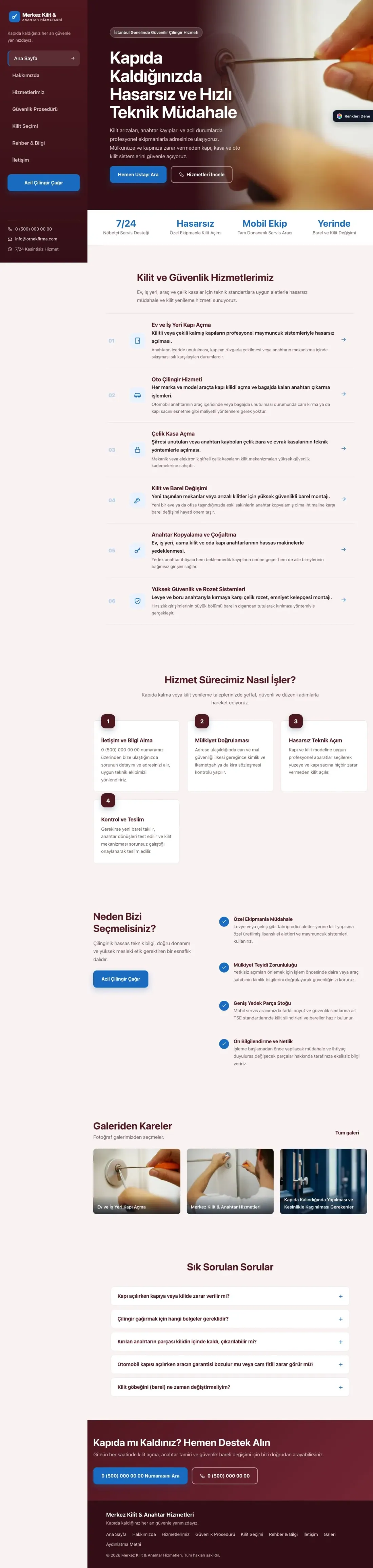 Çilingir için Sol Menü Bordo Mavi – Çilingir Web Sitesi ana sayfa görünümü