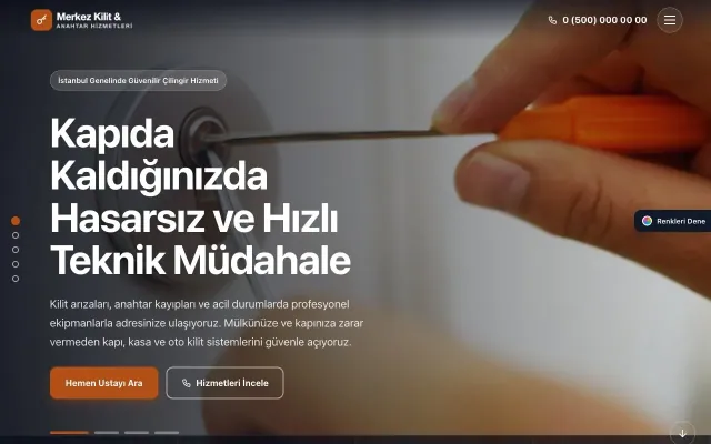 Çilingir için Tam Ekran Mavi Turuncu – Çilingir Web Sitesi ana sayfa görünümü
