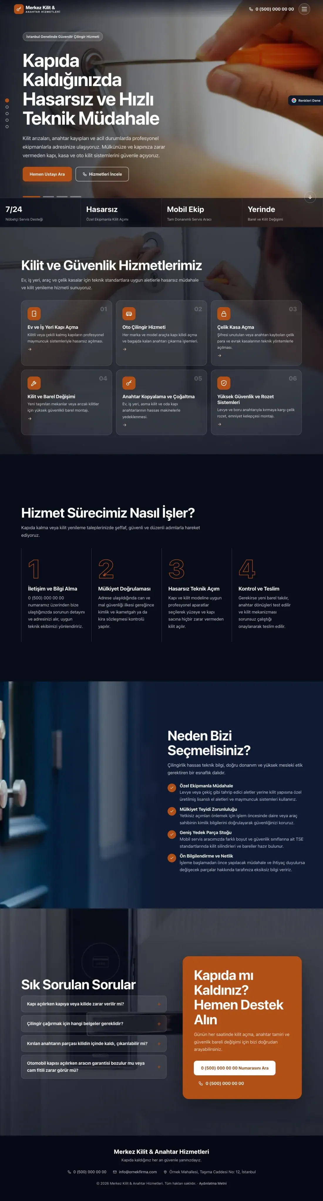 Çilingir için Tam Ekran Mavi Turuncu – Çilingir Web Sitesi ana sayfa görünümü