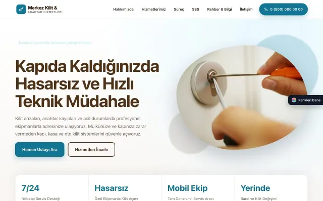 Çilingir için Tek Sayfa Kahve Turkuaz – Çilingir Web Sitesi ana sayfa görünümü