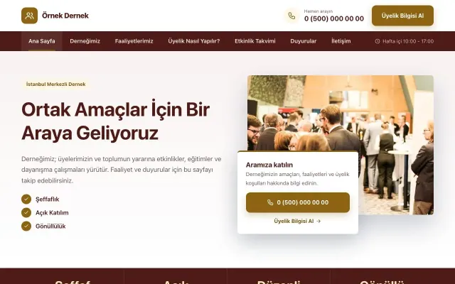 Dernek için Bölünmüş Bordo Amber – Dernek Web Sitesi ana sayfa görünümü