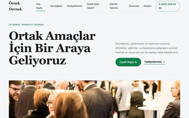 Dernek için Editoryal Mavi Yeşil – Dernek Web Sitesi ana sayfa görünümü