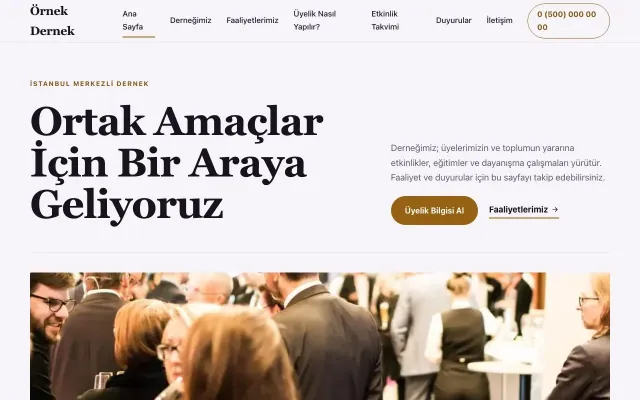 Dernek için Editoryal Mor Turuncu – Dernek Web Sitesi ana sayfa görünümü