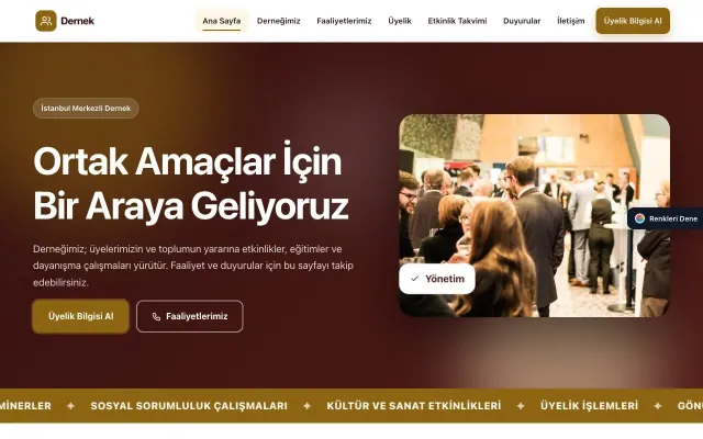 Dernek için Hareketli Bordo Amber – Dernek Web Sitesi ana sayfa görünümü