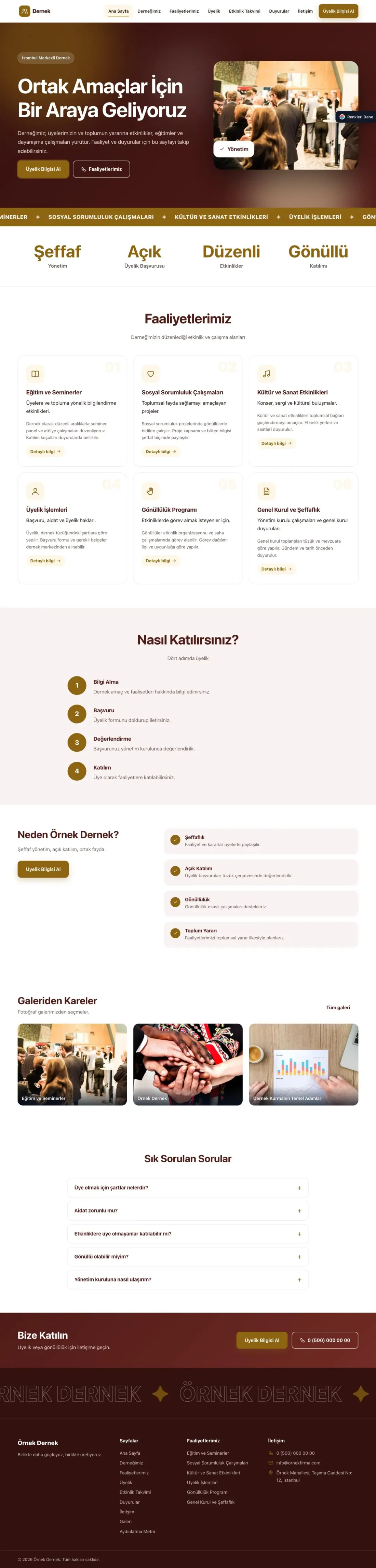 Dernek için Hareketli Bordo Amber – Dernek Web Sitesi ana sayfa görünümü