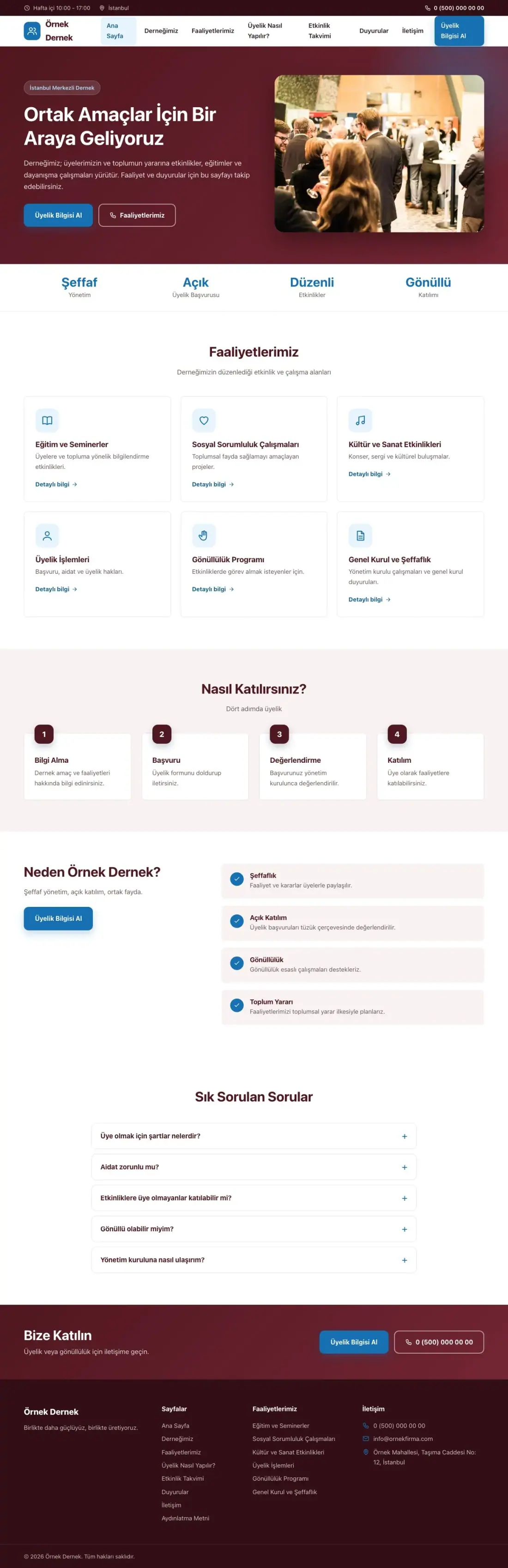 Dernek için Klasik Bordo Mavi – Dernek Web Sitesi ana sayfa görünümü