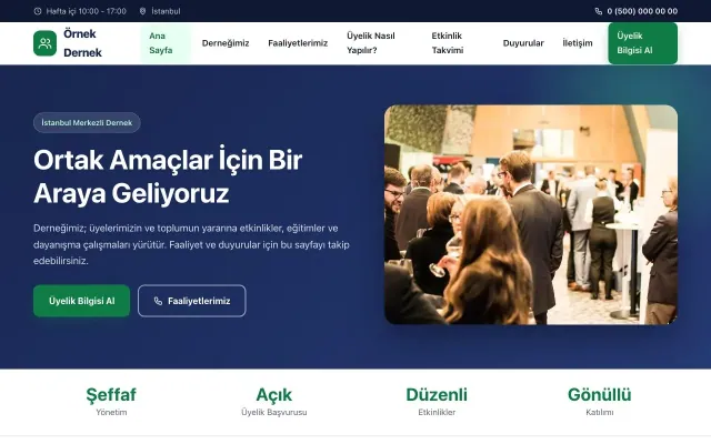 Dernek için Klasik Lacivert Yeşil – Dernek Web Sitesi ana sayfa görünümü