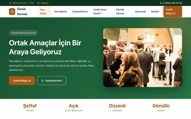 Dernek için Klasik Yeşil Turuncu – Dernek Web Sitesi ana sayfa görünümü