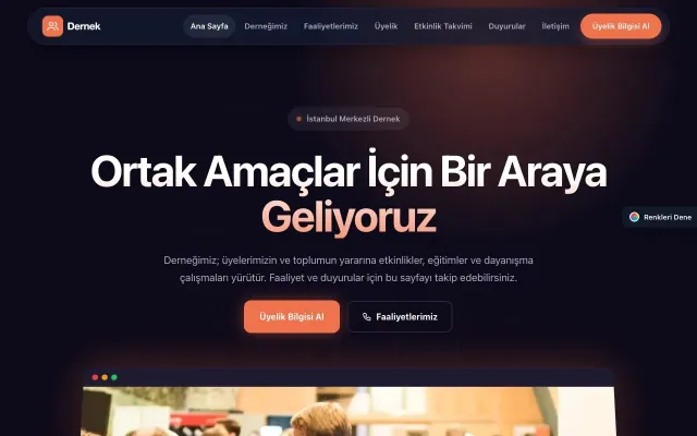 Dernek için Koyu Modern Lacivert Turuncu – Dernek Web Sitesi ana sayfa görünümü