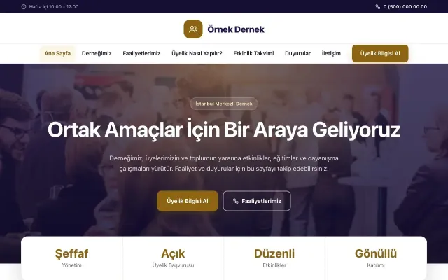 Dernek için Merkez Lacivert Amber – Dernek Web Sitesi ana sayfa görünümü
