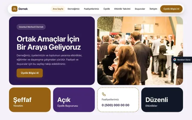 Dernek için Mozaik Mor Turuncu – Dernek Web Sitesi ana sayfa görünümü