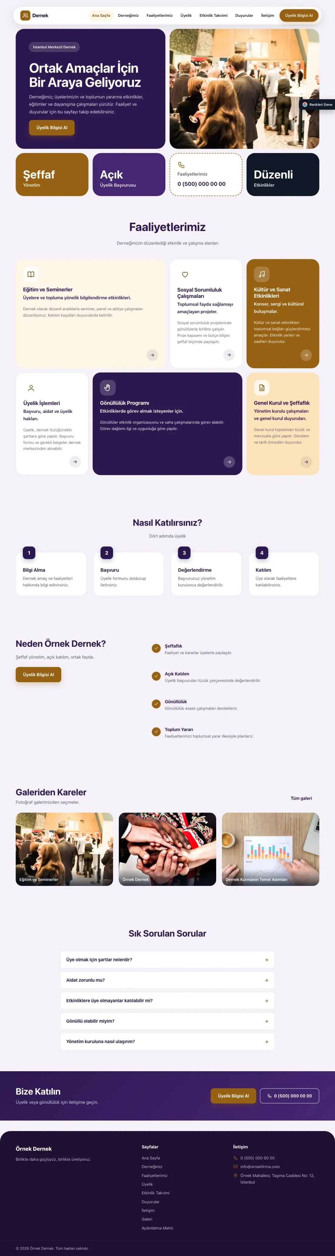 Dernek için Mozaik Mor Turuncu – Dernek Web Sitesi ana sayfa görünümü