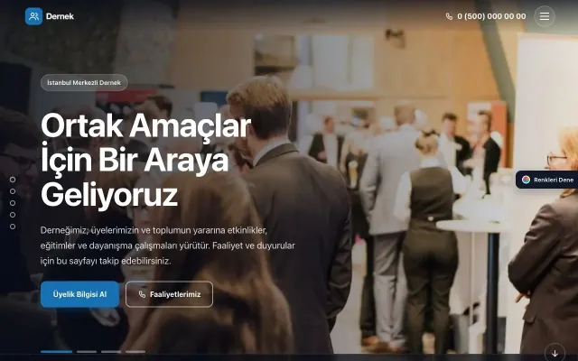 Dernek için Tam Ekran Mor Mavi – Dernek Web Sitesi ana sayfa görünümü