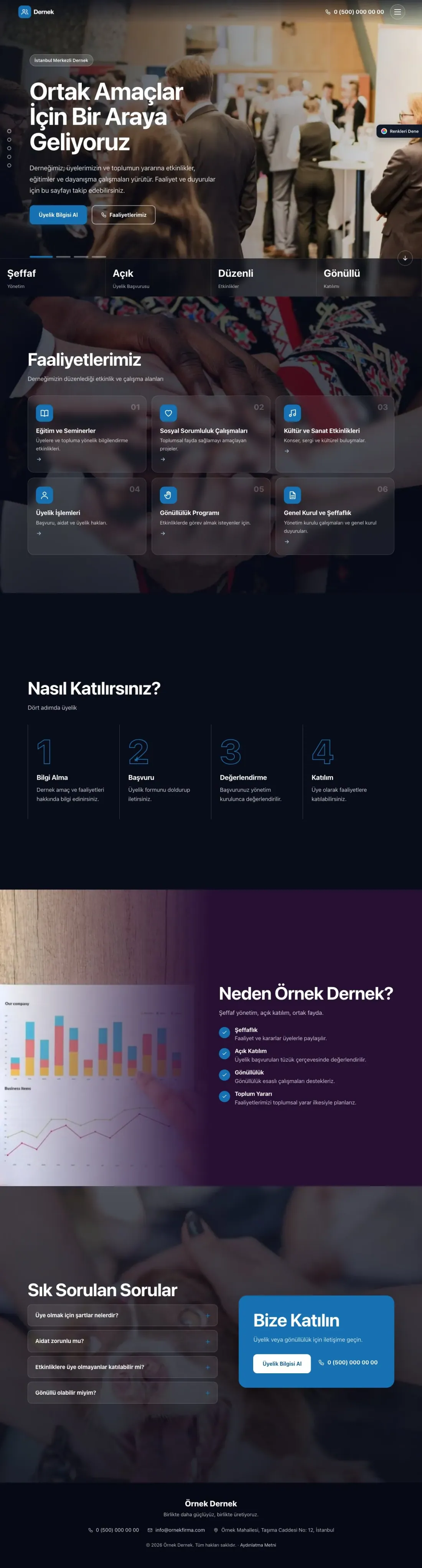 Dernek için Tam Ekran Mor Mavi – Dernek Web Sitesi ana sayfa görünümü