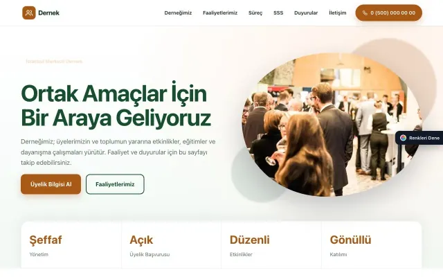 Dernek için Tek Sayfa Yeşil Turuncu – Dernek Web Sitesi ana sayfa görünümü