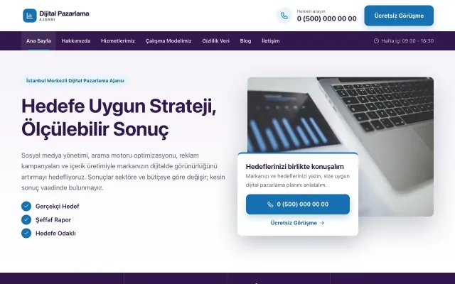 Dijital Pazarlama Ajansı için Bölünmüş Mor Mavi – Dijital Pazarlama Ajansı Web Sitesi ana sayfa görünümü
