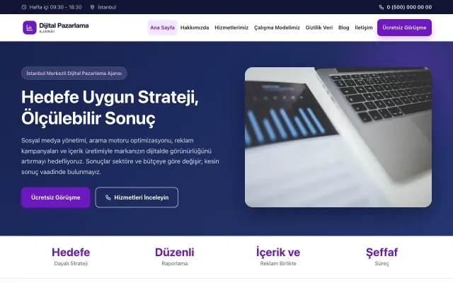 Dijital Pazarlama Ajansı için Klasik Lacivert Mor – Dijital Pazarlama Ajansı Web Sitesi ana sayfa görünümü