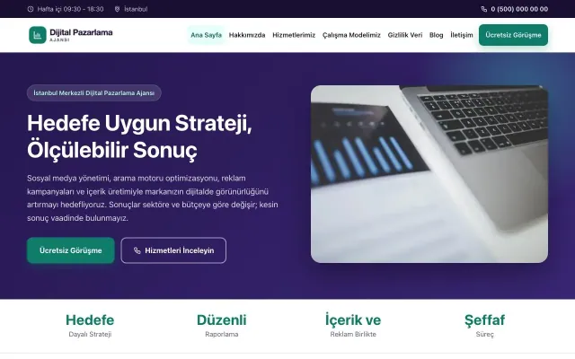 Dijital Pazarlama Ajansı için Klasik Mor Turkuaz – Dijital Pazarlama Ajansı Web Sitesi ana sayfa görünümü